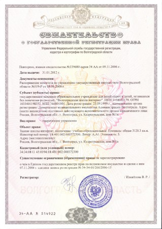 Свидетельство о государственной регистрации права на здание школы-интерната